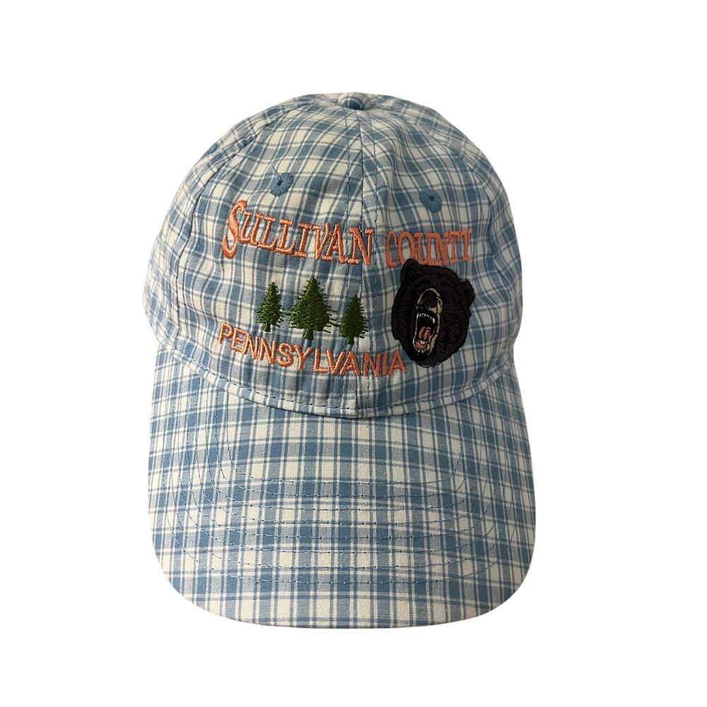 Sullivan County PA Custom Embroidered Bear Hat - Blue White Gingham Plaid NWT